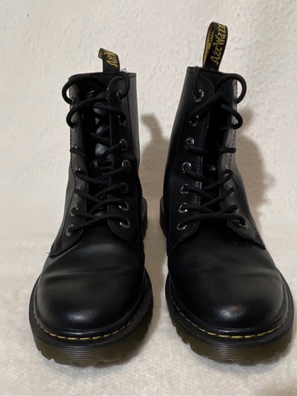 Dr. Martens Black Leather Combat Boots with Yellow Stitching